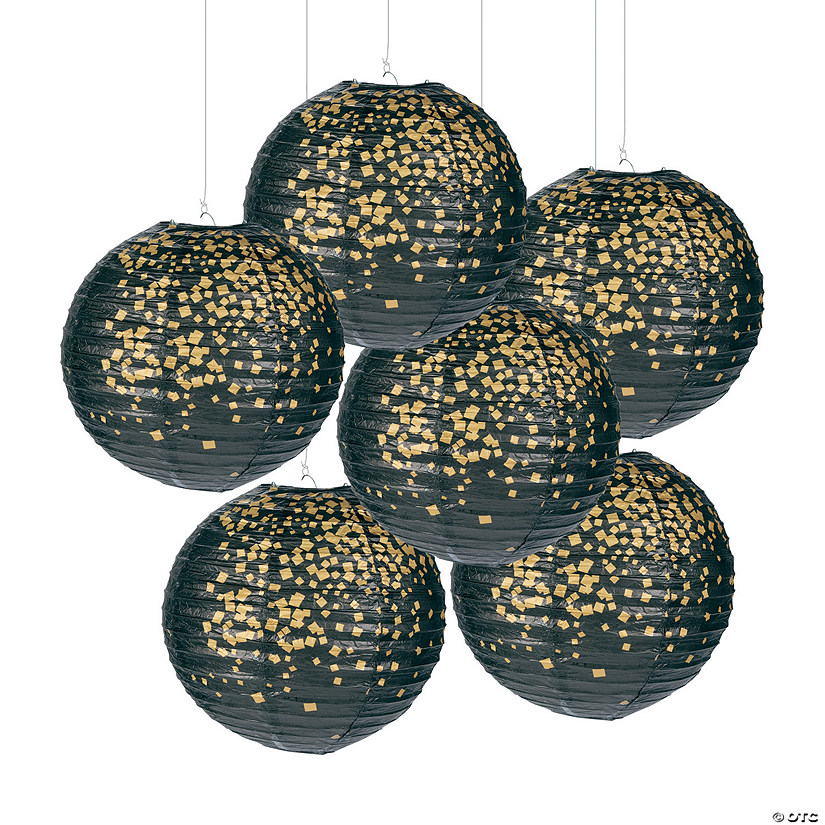 10" Black & Gold Patterned Hanging Paper Lanterns - 6 Pc. Image