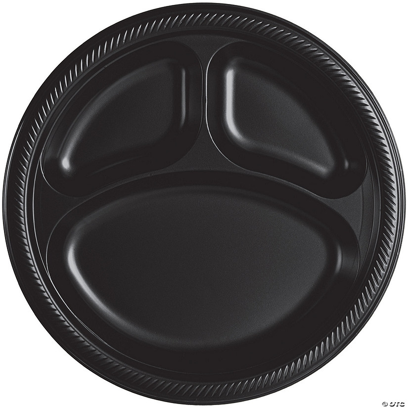 10" Black Disposable Three-Section Round Plastic Dinner Plates - 20 Ct. Image