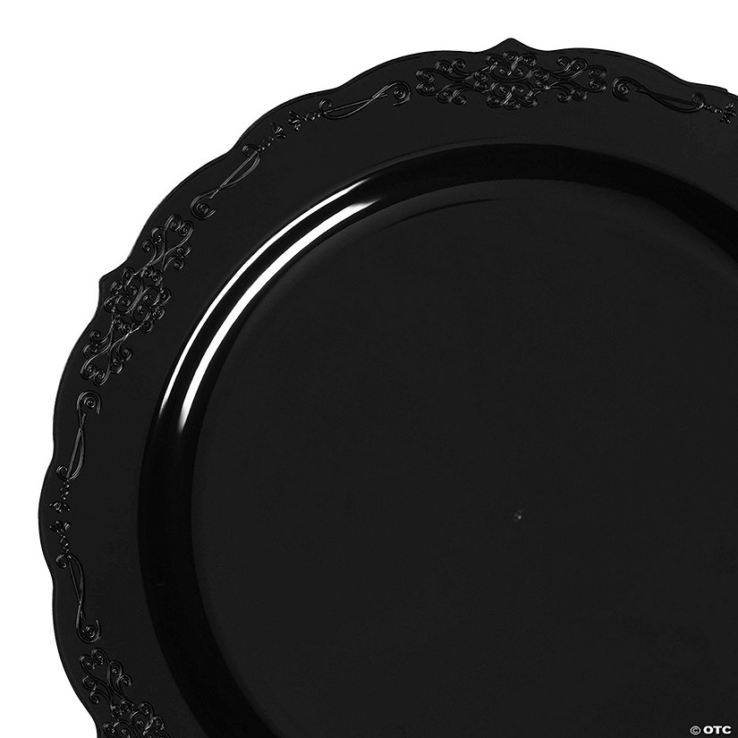 10" Black Vintage Rim Round Disposable Plastic Dinner Plates (50 Plates) Image