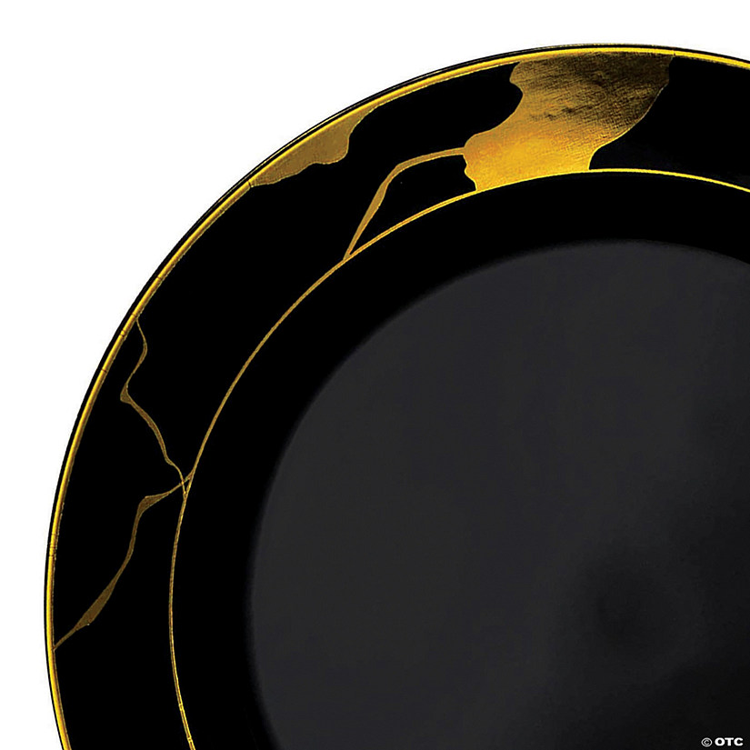 10" Black with Gold Marble Disposable Plastic Dinner Plates (50 Plates) Image