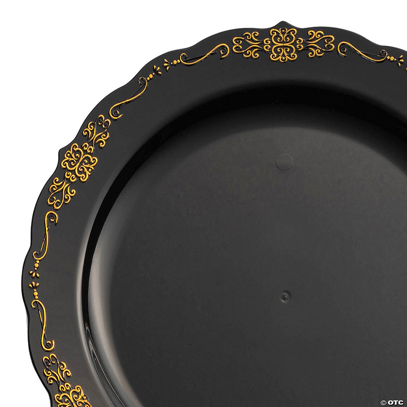 10" Black with Gold Vintage Rim Round Disposable Plastic Dinner Plates (50 Plates) Image