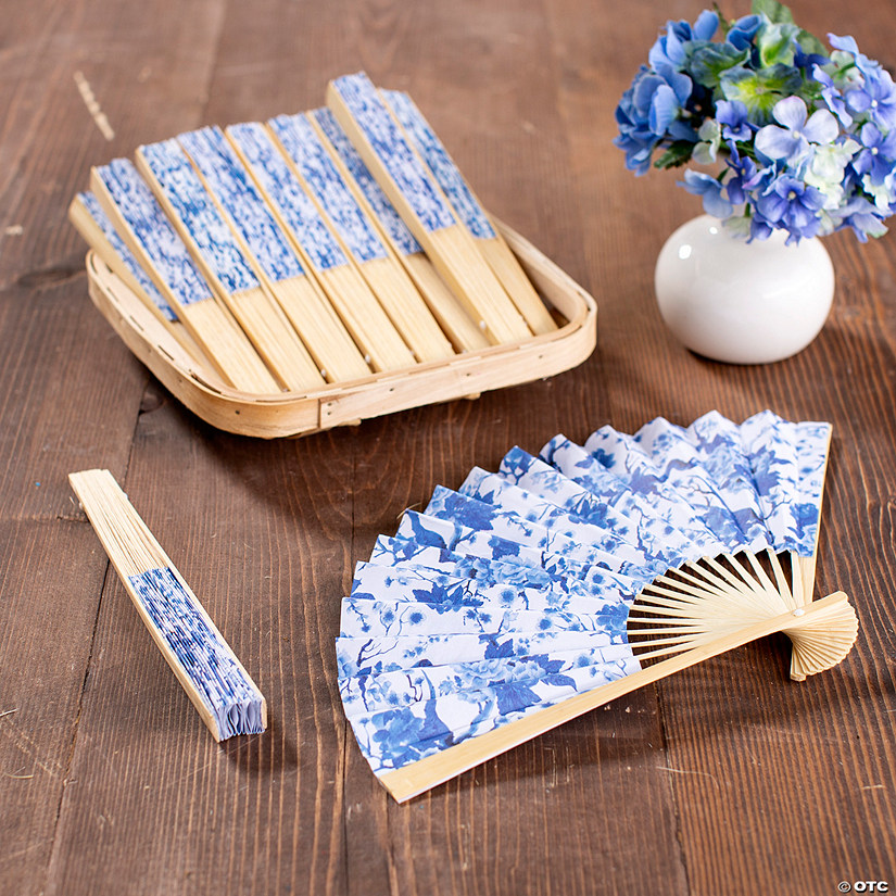 10" Bulk 48 Pc. Chinoiserie Print Folding Blue & White Paper Hand Fans Image