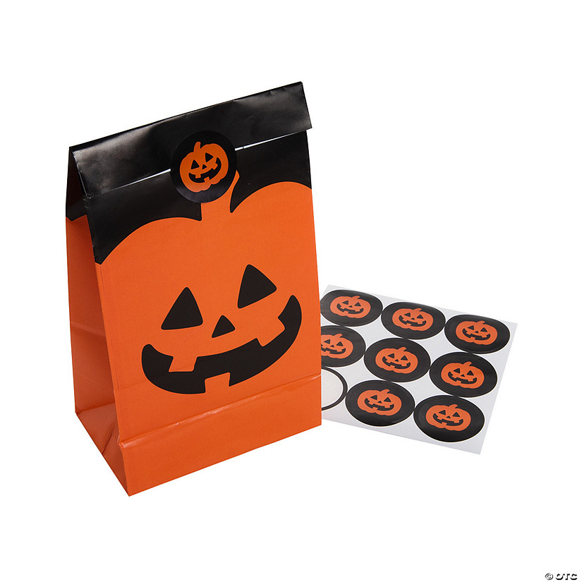 10" Bulk 48 Pc. Jack-O'-Lantern Paper Treat Bags with Stickers Image