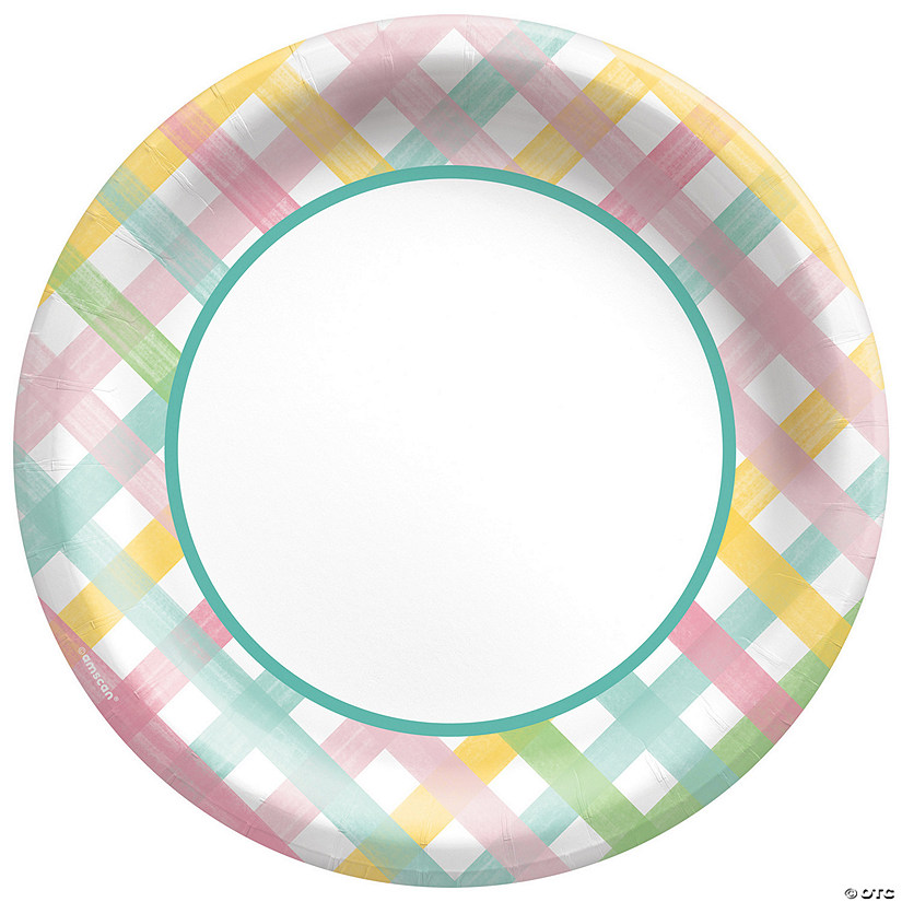 10" Bulk 50 Ct. Springtime Fun Disposable Dinner Plates with Gingham Border Image