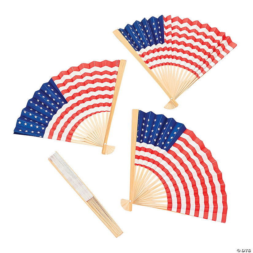 10" Classic American Flag Folding Paper Hand Fans with Wood Handles - 12 Pc. Image