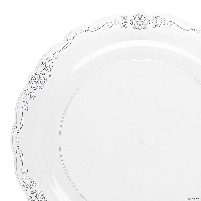 10" Clear with Silver Vintage Rim Round Disposable Plastic Dinner Plates (50 Plates) Image