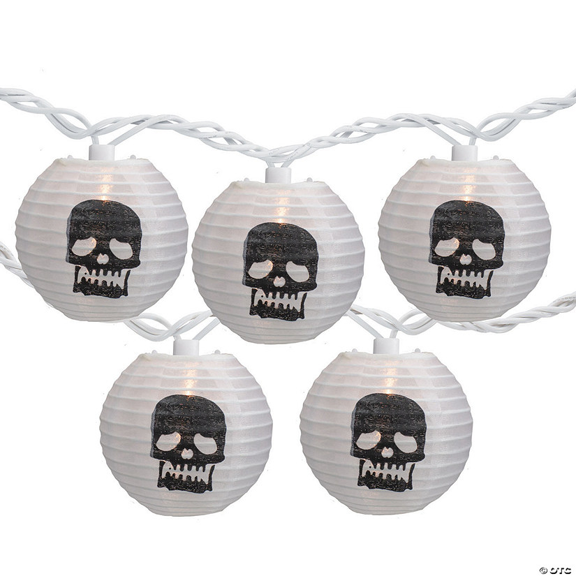 10-Count White and Black Skull Paper Lantern Halloween Lights  8.5ft White Wire Image