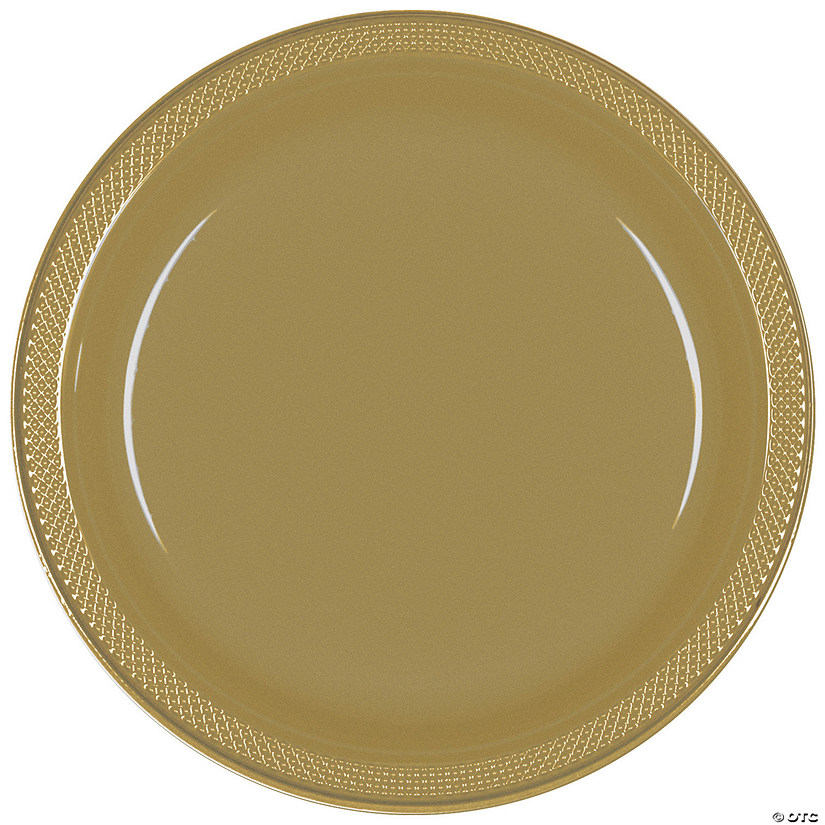 10" Gold Round Disposable Plastic Dinner Plates - 20 Ct. Image