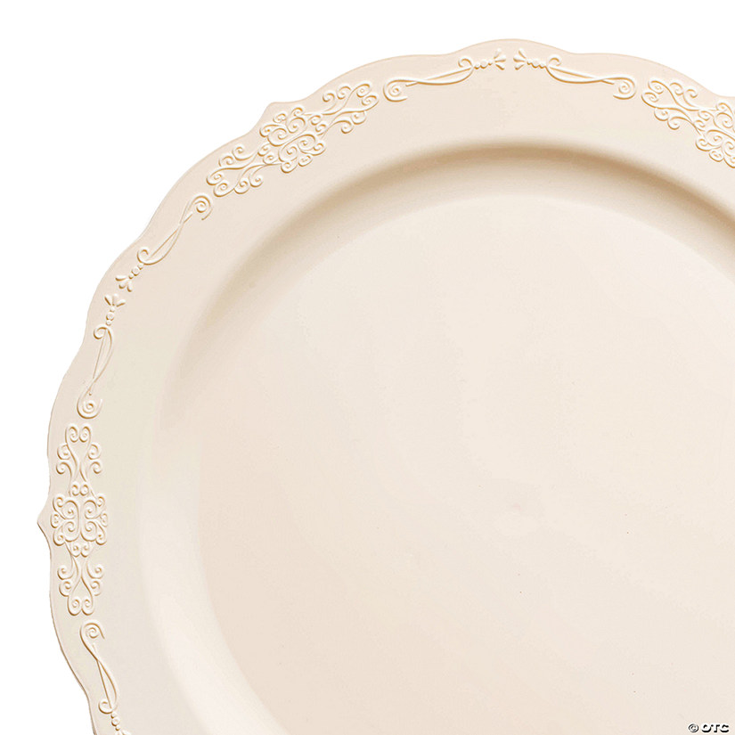 10" Ivory Vintage Round Disposable Plastic Dinner Plates (50 Plates) Image
