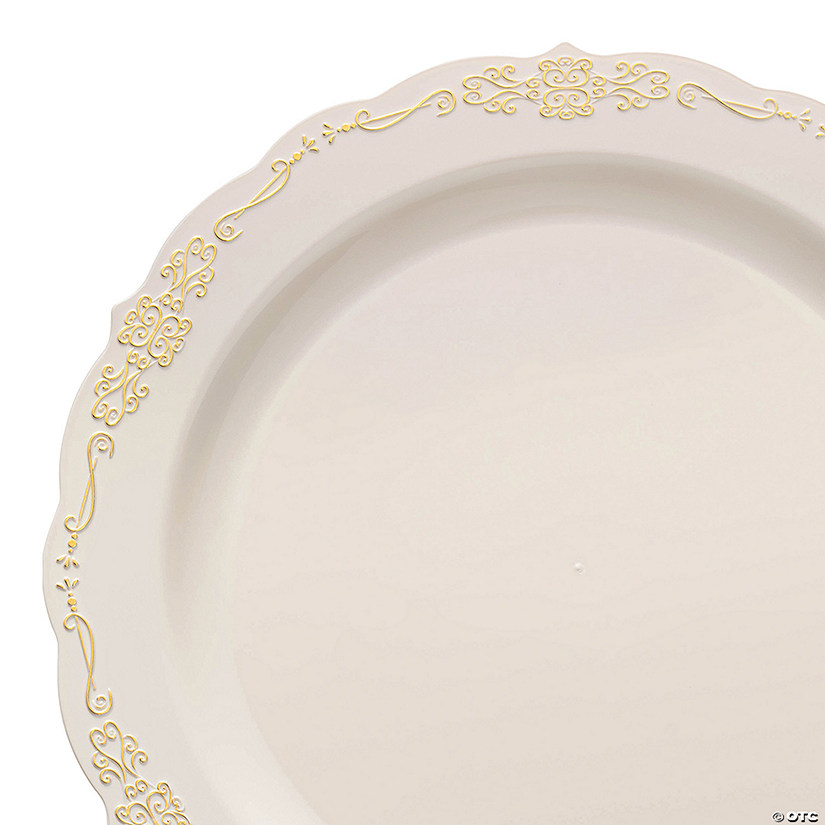 10" Ivory with Gold Vintage Rim Round Disposable Plastic Dinner Plates (50 Plates) Image