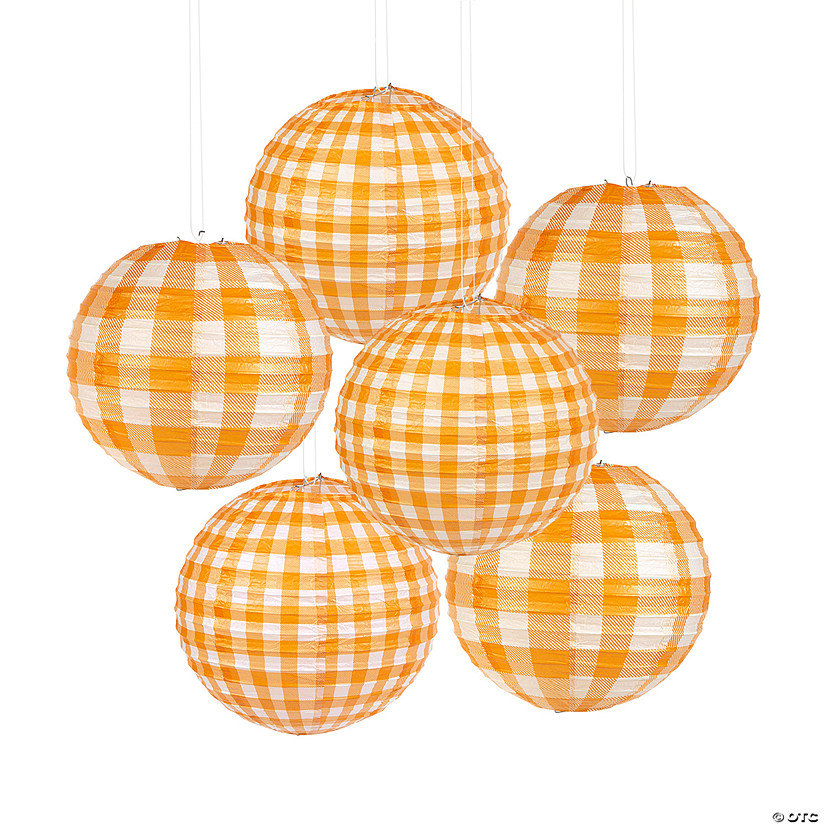 10" Orange Plaid Hanging Paper Lanterns - 6 Pc. Image