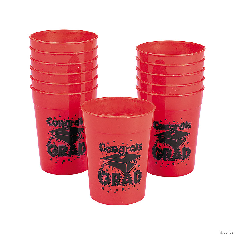 10 oz. Red Congrats Grad Cap Reusable BPA-Free Plastic Cups - 12 Ct. Image
