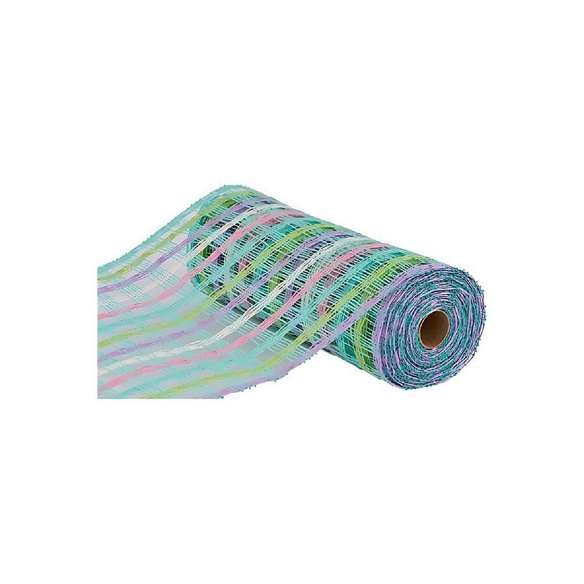 10" Plaid Poly Burlap Mesh Ribbon: Mint/White/Pink Image