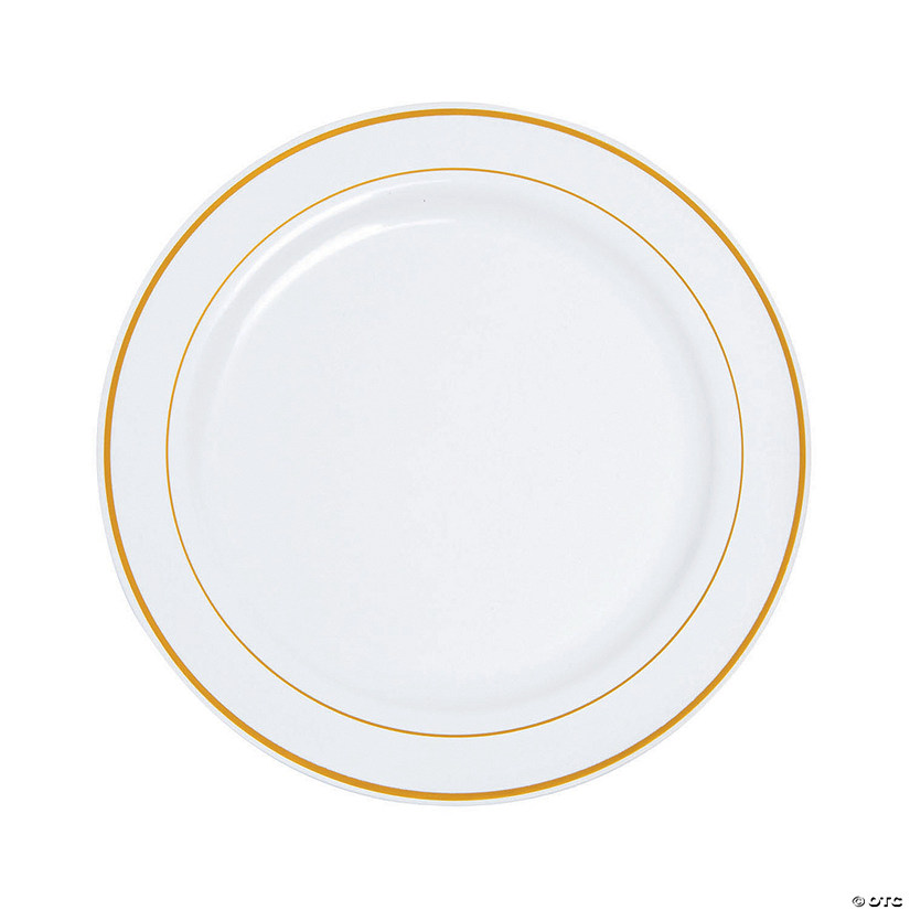 10" Premium White Plastic Dinner Plates with Gold Trim 25 Ct. Oriental Trading