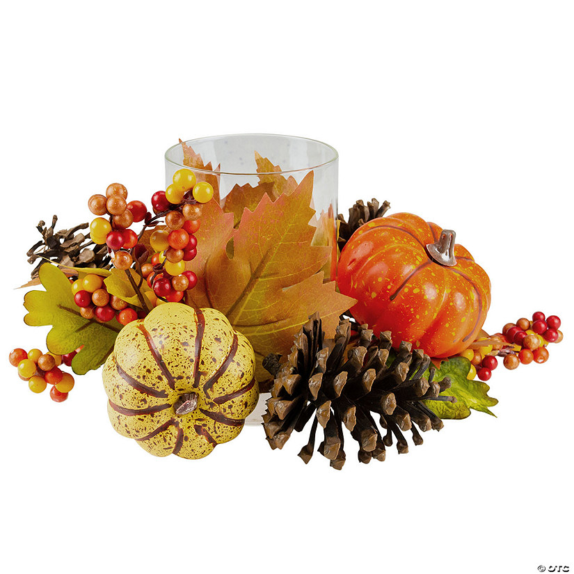 10" Pumpkin  Berry and Pine Cone Fall Harvest Tealight Candle Holder Image