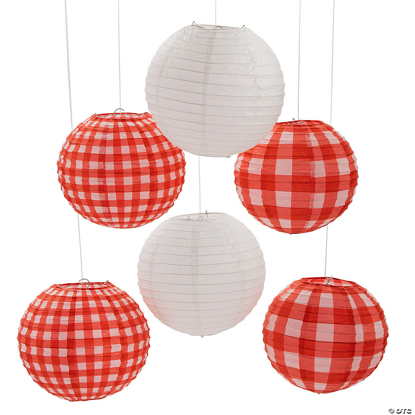 10" Red Gingham Hanging Paper Lanterns - 6 Pc. Image