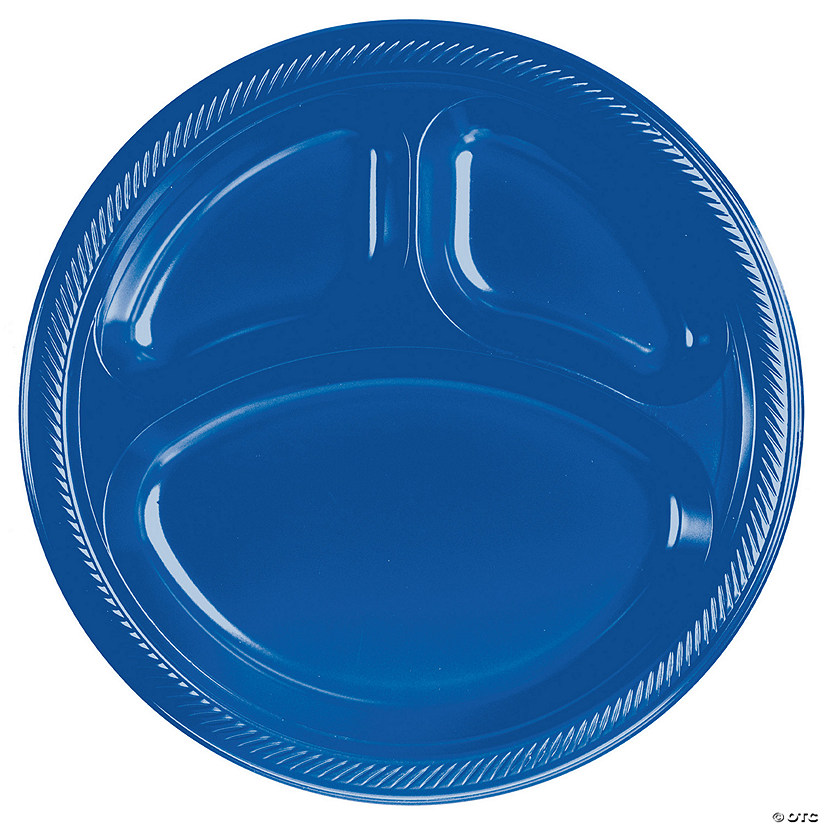 10" Royal Blue Disposable Three-Section Round Plastic Dinner Plates - 20 Ct. Image