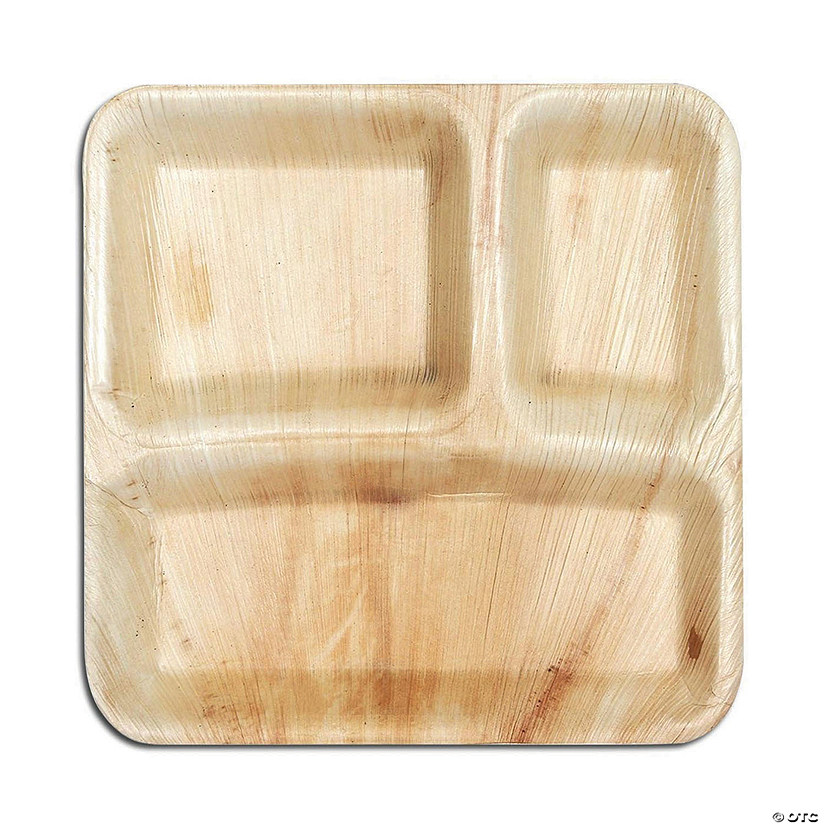 10" Square Palm Leaf 3-Partition Eco Friendly Disposable Dinner Plates (100 Plates) Image