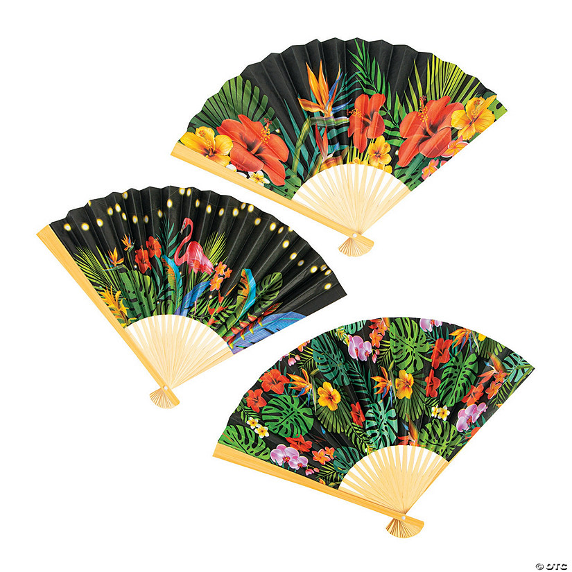 10" Tropical Nights Bright Tropical Flowers Folding Hand Fans - 12 Pc. Image