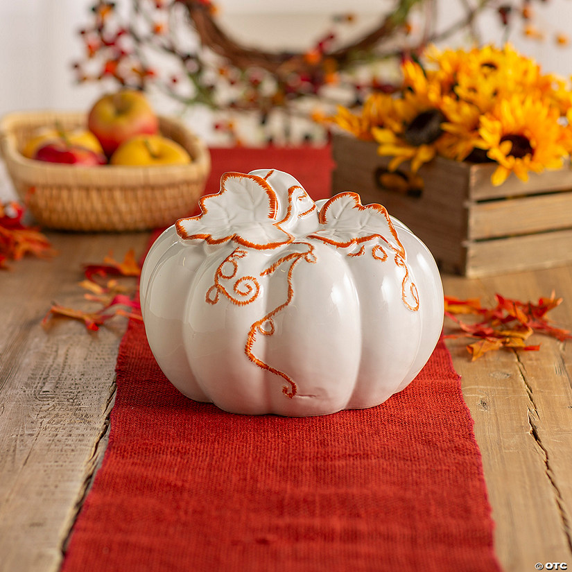 10" White Ceramic Pumpkin with Molded Leaves & Vines Image