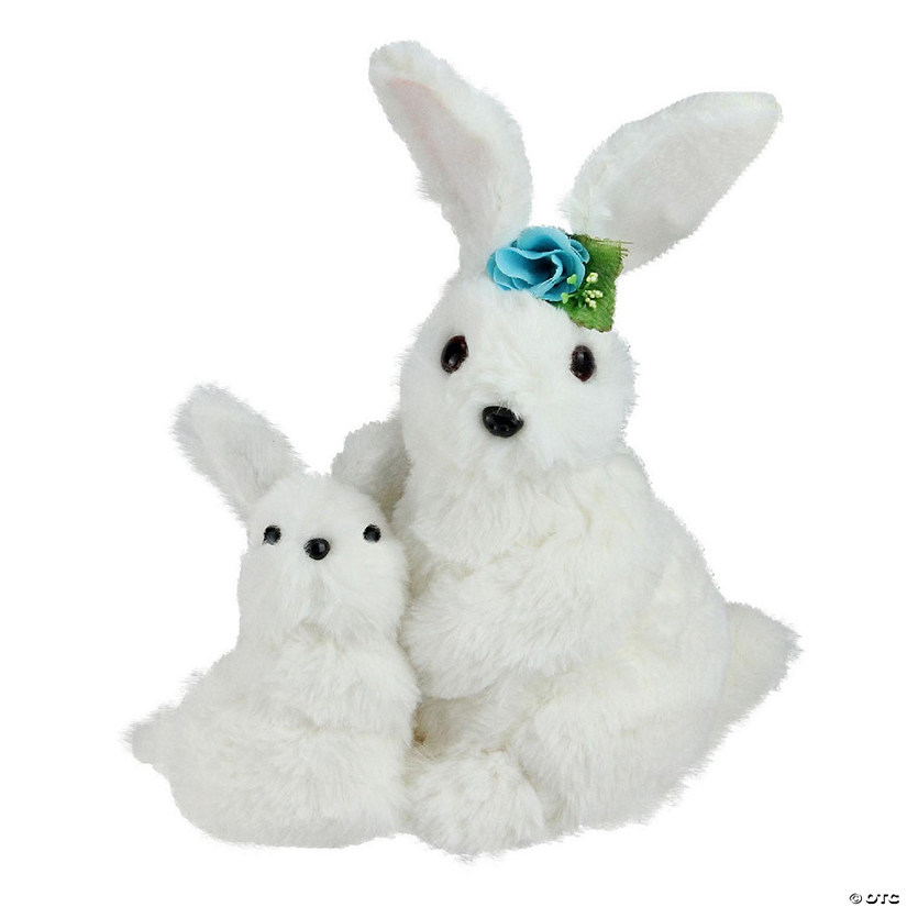 10" White Plush Standing Mother and Baby Easter Bunny Figure Image