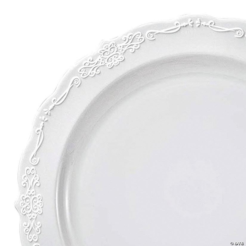 10" White Vintage Round Disposable Plastic Dinner Plates (50 Plates) Image