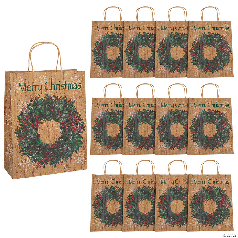 10" x 12 3/4" Large Holiday Wreath Kraft Paper Gift Bags - 12 Pc. Image