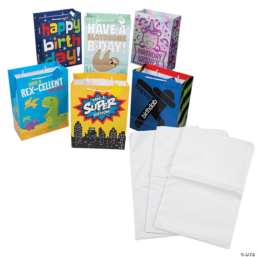 10 x 13 Large Happy Birthday Party Paper Gift Bags with Tags