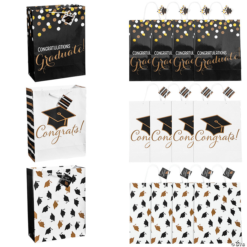 10" x 13" Large Black & Gold Graduation Paper Gift Bags with Tag - 12 Pc. Image