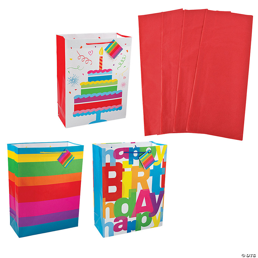 10" x 13" Large Happy Birthday Party Gift Bags & Tissue Paper Kit - 72 Pc. Image