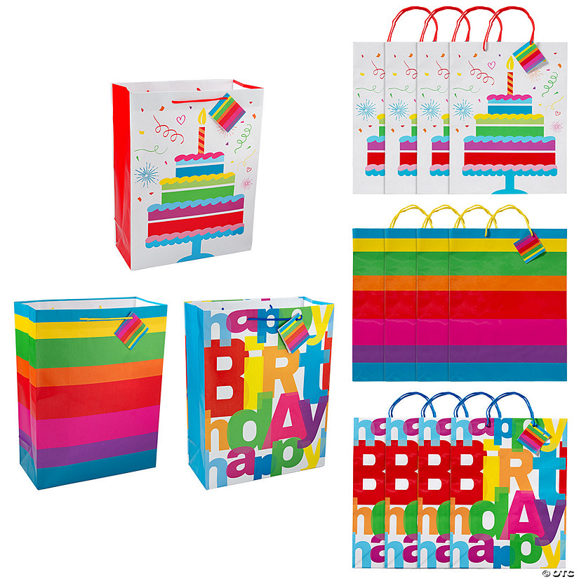 10" x 13" Large Happy Birthday Party Paper Gift Bags with Tags 12Pc