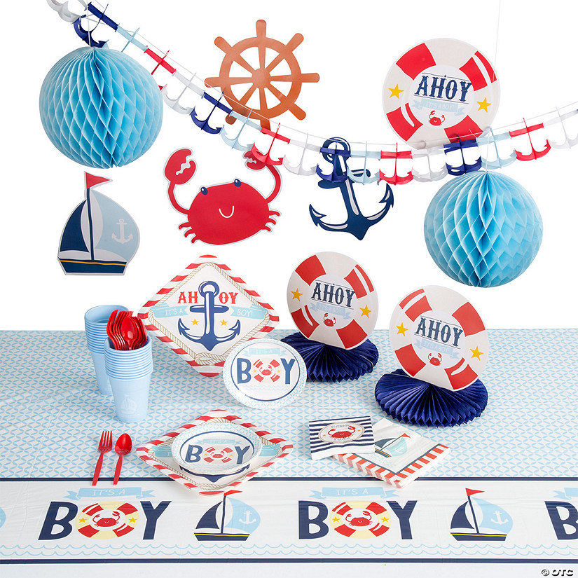 100 Pc. Ahoy It&#8217;s a Boy Nautical Baby Shower Tableware Kit for 8 Guests Image