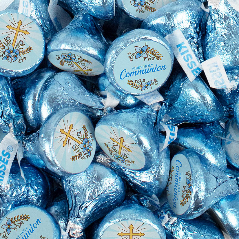 100 Pcs Boy First Holy Communion Candy Party Favors Milk Chocolate Hershey's Kisses with Stickers - Blue Image