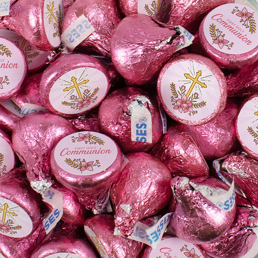 100 Pcs Girl First Holy Communion Candy Party Favors Milk Chocolate Hershey's Kisses with Stickers - Pink Image