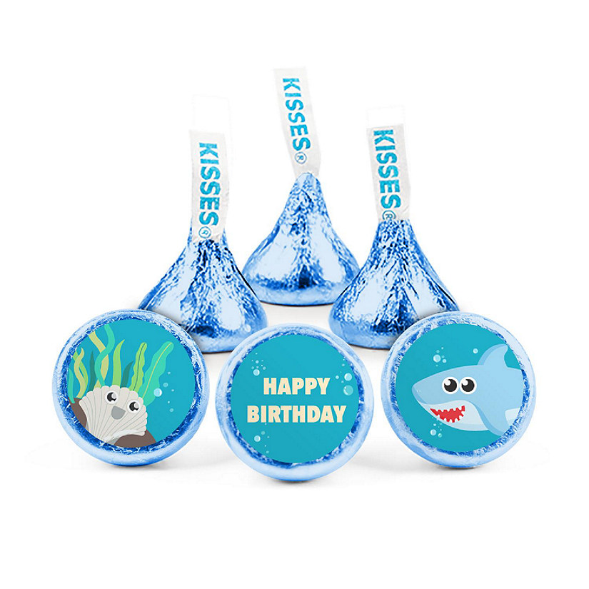 100ct Boy Shark Birthday Candy Party Favors Hershey's Kisses Milk Chocolate (100 Candies + 1 Sheet Stickers) - Assembly Required - by Just Candy Image