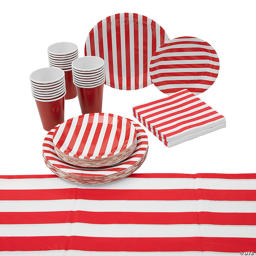 105 Pc. Red & White Stripe Party Tableware Kit for 24 Guests Image