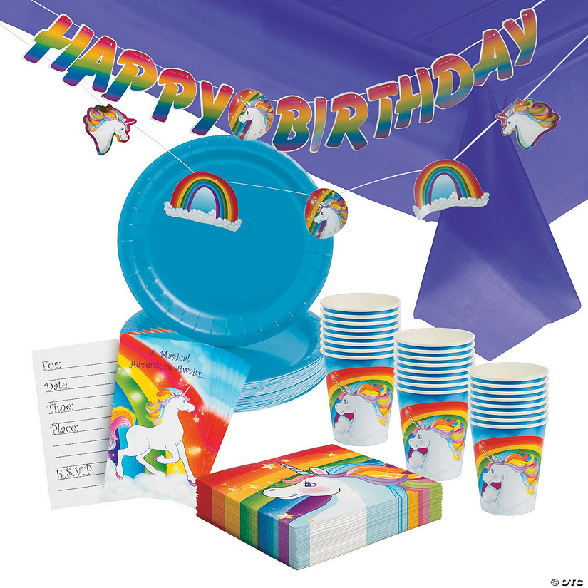 107 Pc. Rainbow Unicorn Birthday Party Disposable Tableware Kit for 24 Guests Image