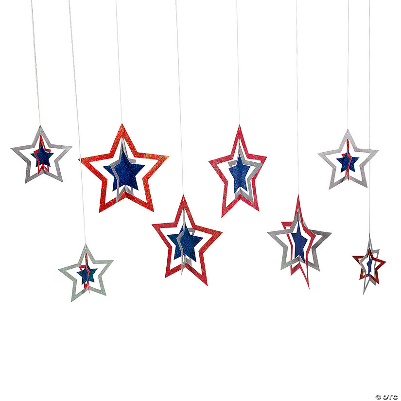 11 1/2" - 12" 3D Patriotic Hanging Star Ceiling Decorations - 8 Pc. Image