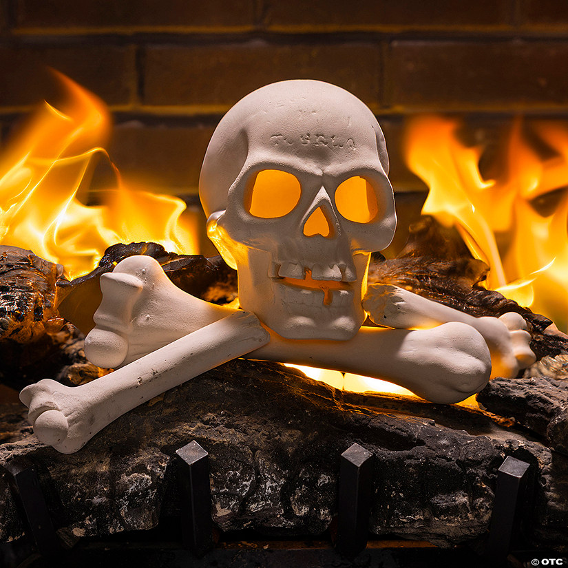 11" Ceramic Skull &amp; Bones Fire Log Halloween Decoration Image