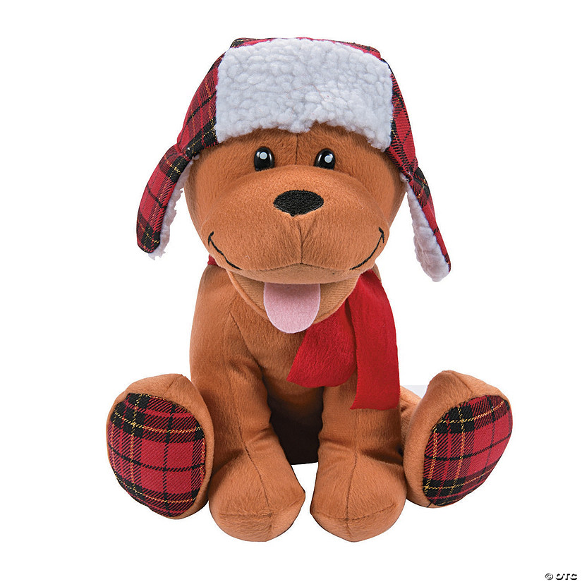 11" Christmas Brown Stuffed Dog with Red Plaid Winter Hat & Scarf Image