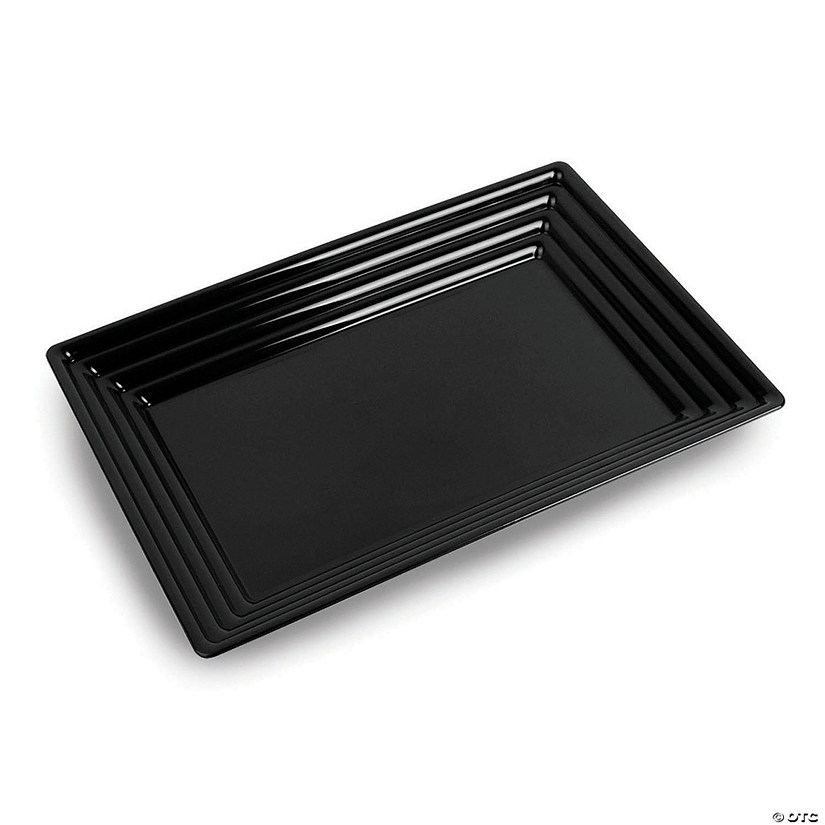 11" x 16" Black Rectangular with Groove Rim Plastic Serving Trays (15 Trays) Image