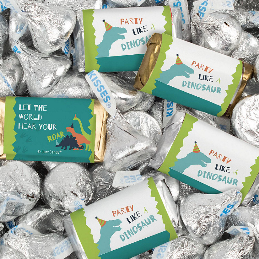 116 Pcs Dinosaur Kid's Birthday Candy Party Favors Wrapped Hershey's Miniatures and Kisses by Just Candy (1.50 lbs) Image