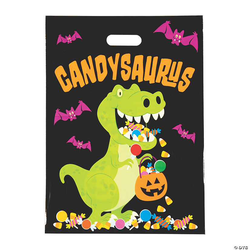12 1/2" x 17" Bulk 50 Pc. Candysaurus Trick-or-Treat Plastic Goody Bags Image