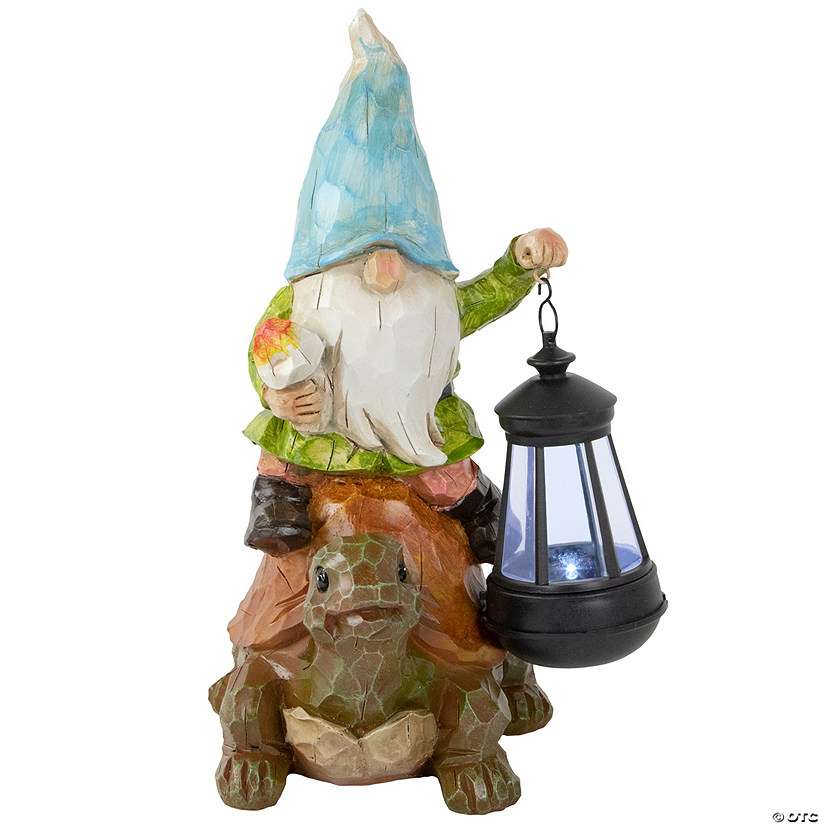 12.5" Solar LED Lighted Gnome and Turtle Outdoor Garden Statue Image