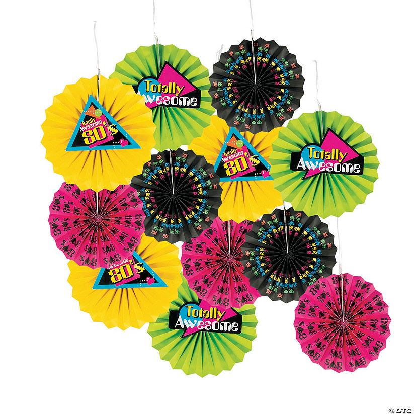 12" 80s Party Hanging Paper Fans - 12 Pc. Image