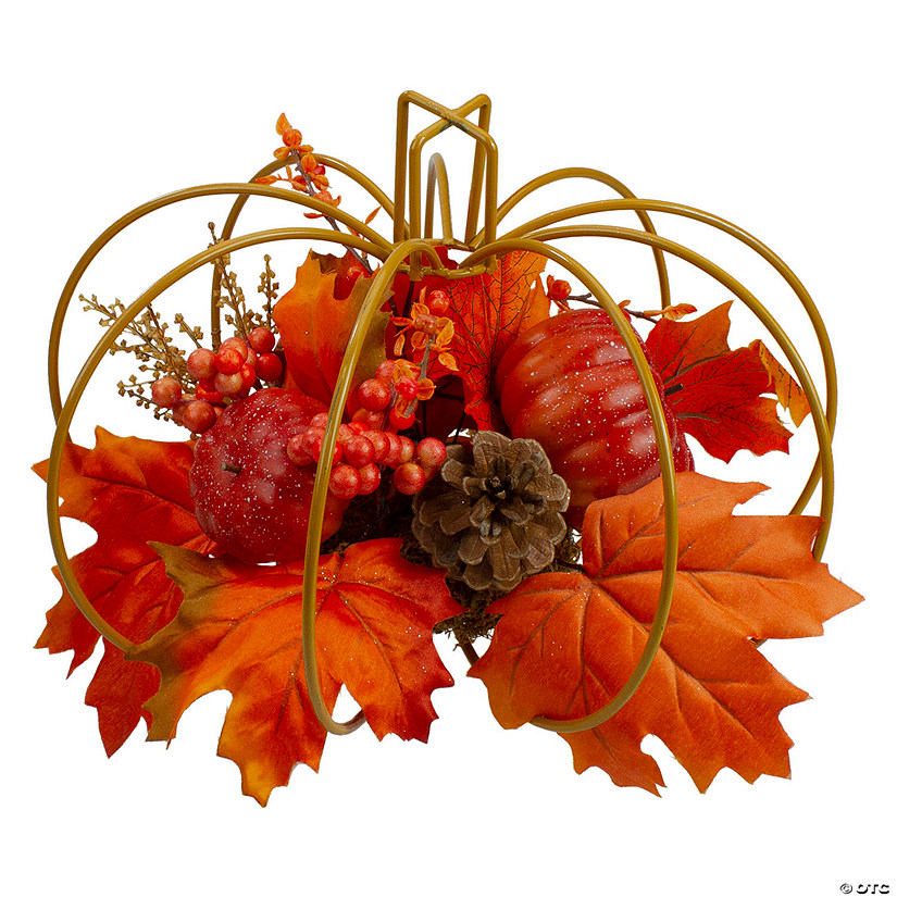 12" Autumn Harvest Maple Leaf and Berry Pumpkin Tabletop Centerpiece Image