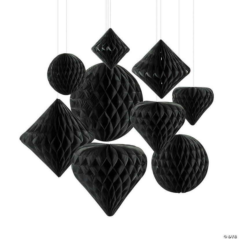 12" Black Honeycomb Hanging Decoration Assortment - 12 Pc. Image