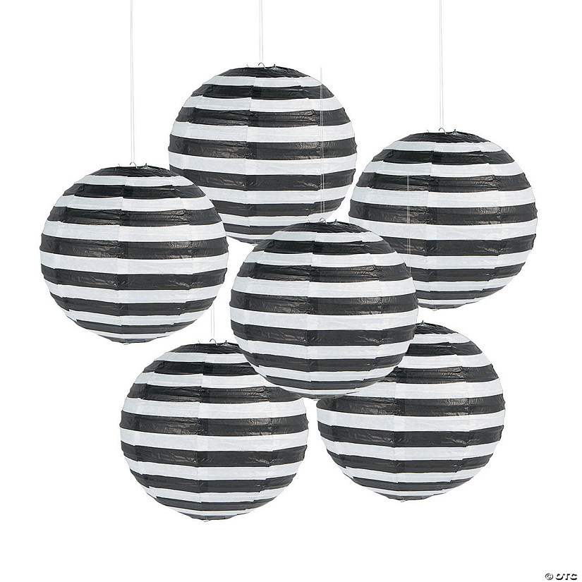 12" Black Striped Hanging Paper Lanterns - 6 Pc. Image