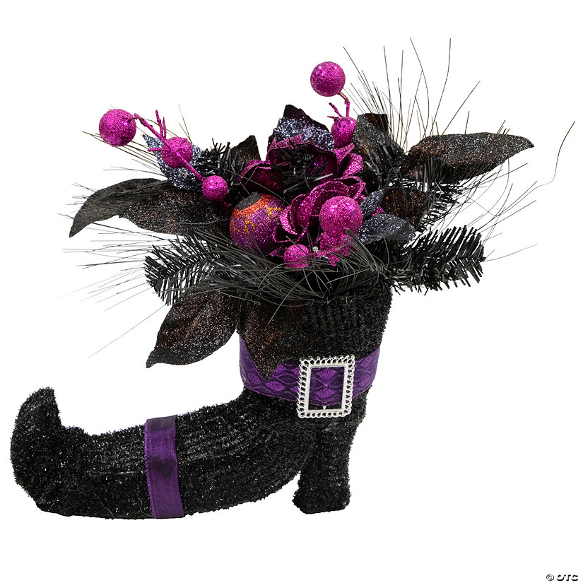 12" Black Witch's Boot with Purple Glittered Roses Halloween Decoration Image