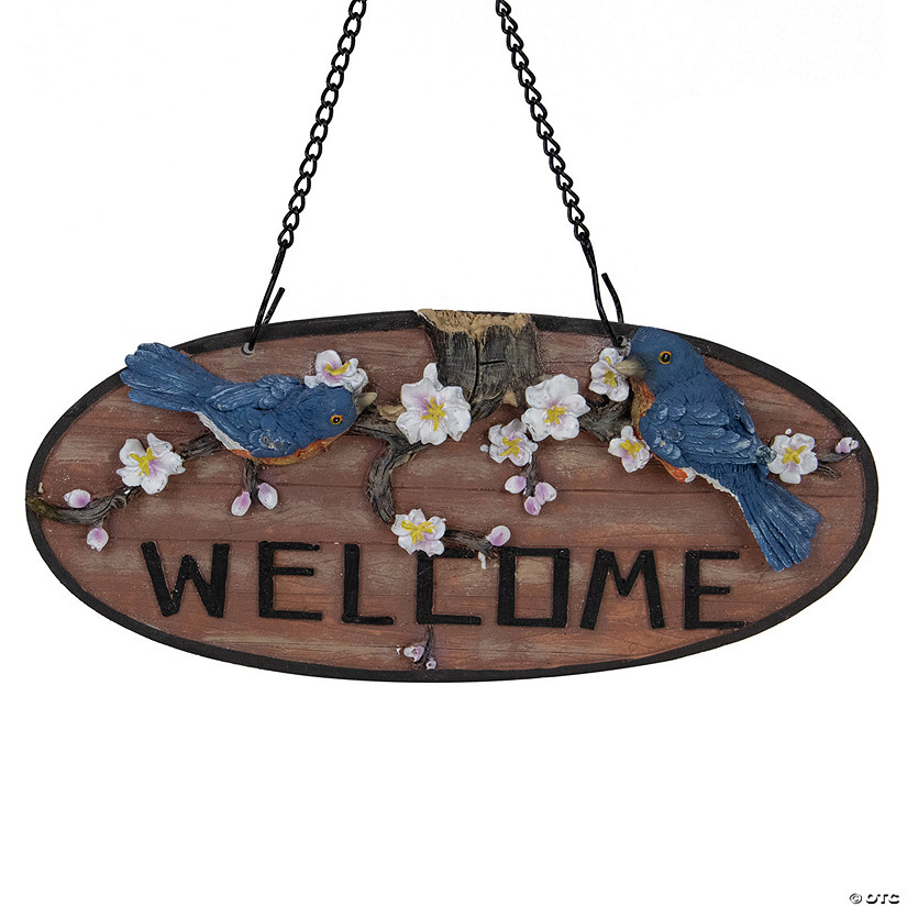 12" Hanging Welcome Sign with Bluebirds and Flowers Image